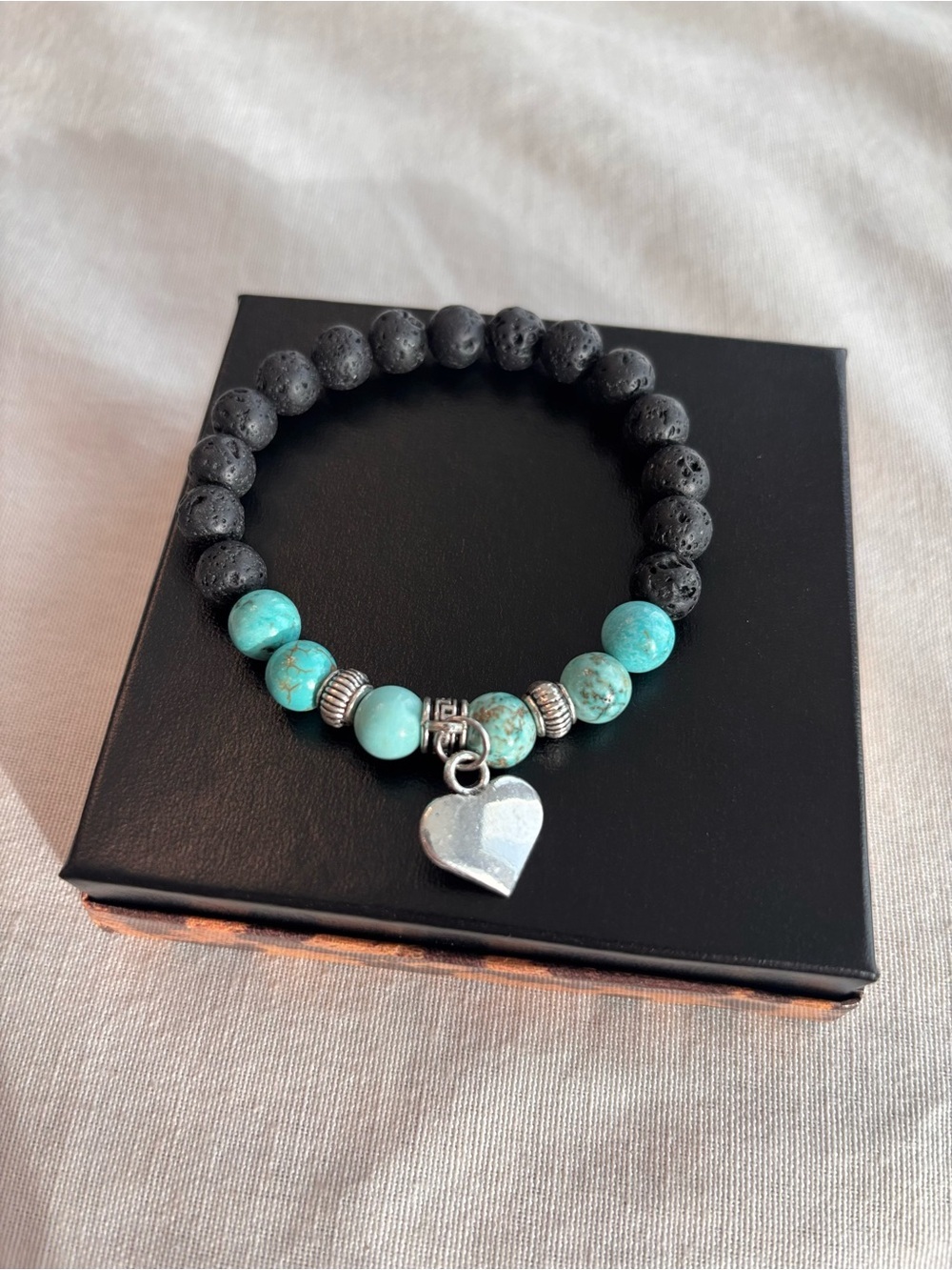 Turquoise Black Lava Bead Stretch Bracelet Silver Heart Charm NEW